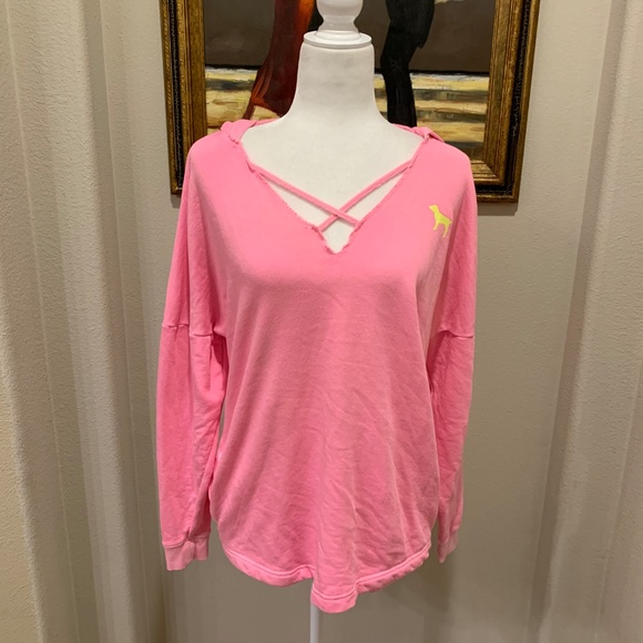 PINK Victoria's Secret Tops - VS PINK Crisscross Hoodie Sweatshirt in Hot Pink